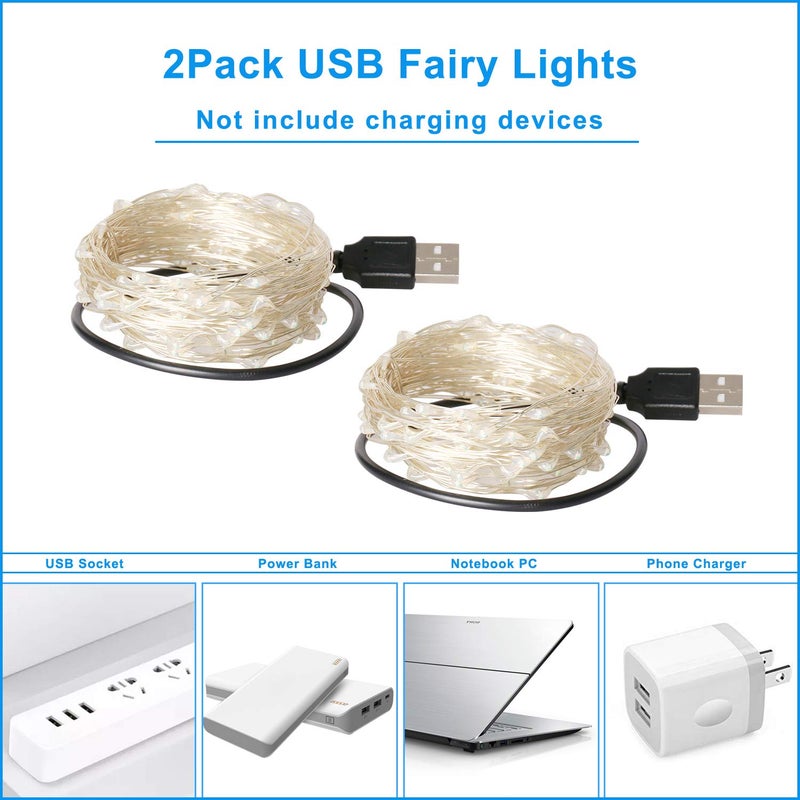 Blingstar USB Powered Fairy Lights, 2 Pack 33Ft 100 LED, Flexible Silver Wire, Mini String Lights for Indoor Christmas Tree/Halloween/Bedroom/Dorm/Party Decoration, Blue - Image 3